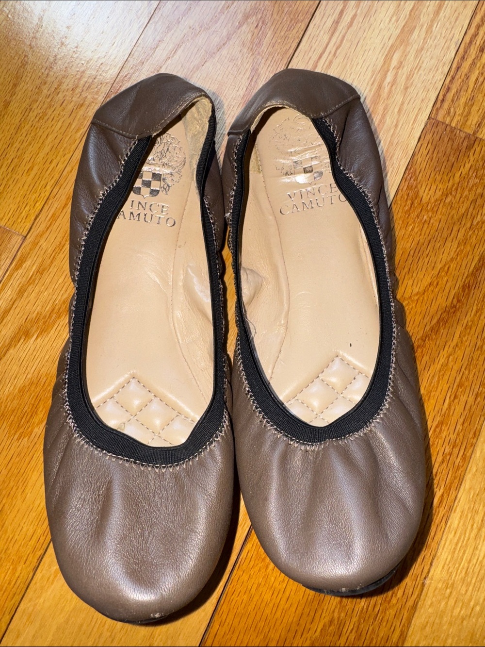 Vince Camuto Brown Leather Elastic-Top Ballet Flats